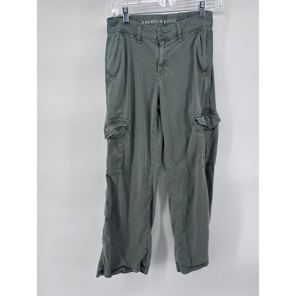 American Eagle Olive Green Cargo Pants Mid-Rise Baggy Wide Leg Stretch Casual - Picture 1 of 6